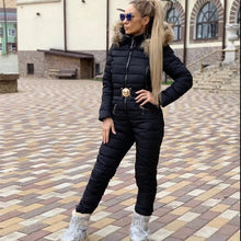 Load image into Gallery viewer, New Winter Hooded Jumpsuits Parka Elegant Cotton Padded Warm Sashes Ski Suit Straight Zipper One Piece Women Casual Tracksuits