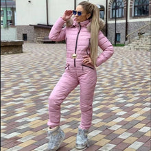 Load image into Gallery viewer, New Winter Hooded Jumpsuits Parka Elegant Cotton Padded Warm Sashes Ski Suit Straight Zipper One Piece Women Casual Tracksuits