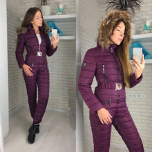 Load image into Gallery viewer, New Winter Hooded Jumpsuits Parka Elegant Cotton Padded Warm Sashes Ski Suit Straight Zipper One Piece Women Casual Tracksuits