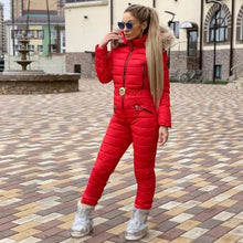 Load image into Gallery viewer, New Winter Hooded Jumpsuits Parka Elegant Cotton Padded Warm Sashes Ski Suit Straight Zipper One Piece Women Casual Tracksuits