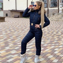 Load image into Gallery viewer, New Winter Hooded Jumpsuits Parka Elegant Cotton Padded Warm Sashes Ski Suit Straight Zipper One Piece Women Casual Tracksuits