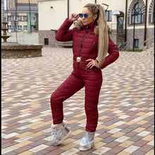 Load image into Gallery viewer, New Winter Hooded Jumpsuits Parka Elegant Cotton Padded Warm Sashes Ski Suit Straight Zipper One Piece Women Casual Tracksuits